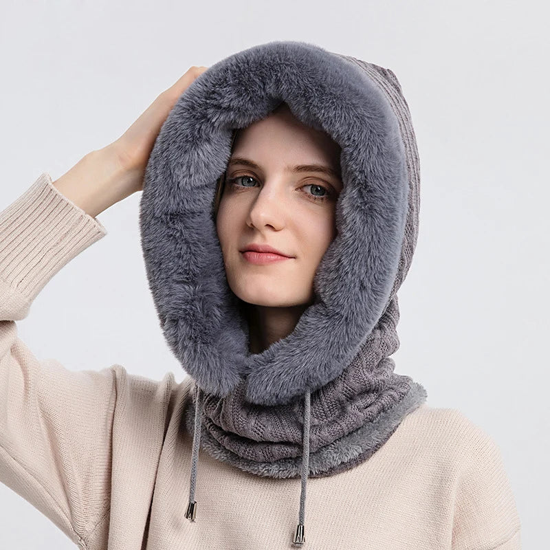 Women Beanie Hat Winter Balaclava Knitted Cap Hooded Face Mask Fluff Keep Warm Neck Scarf Hooded Hat Balaclava Mask Bonnet Cap