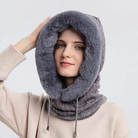 Women Beanie Hat Winter Balaclava Knitted Cap Hooded Face Mask Fluff Keep Warm Neck Scarf Hooded Hat Balaclava Mask Bonnet Cap